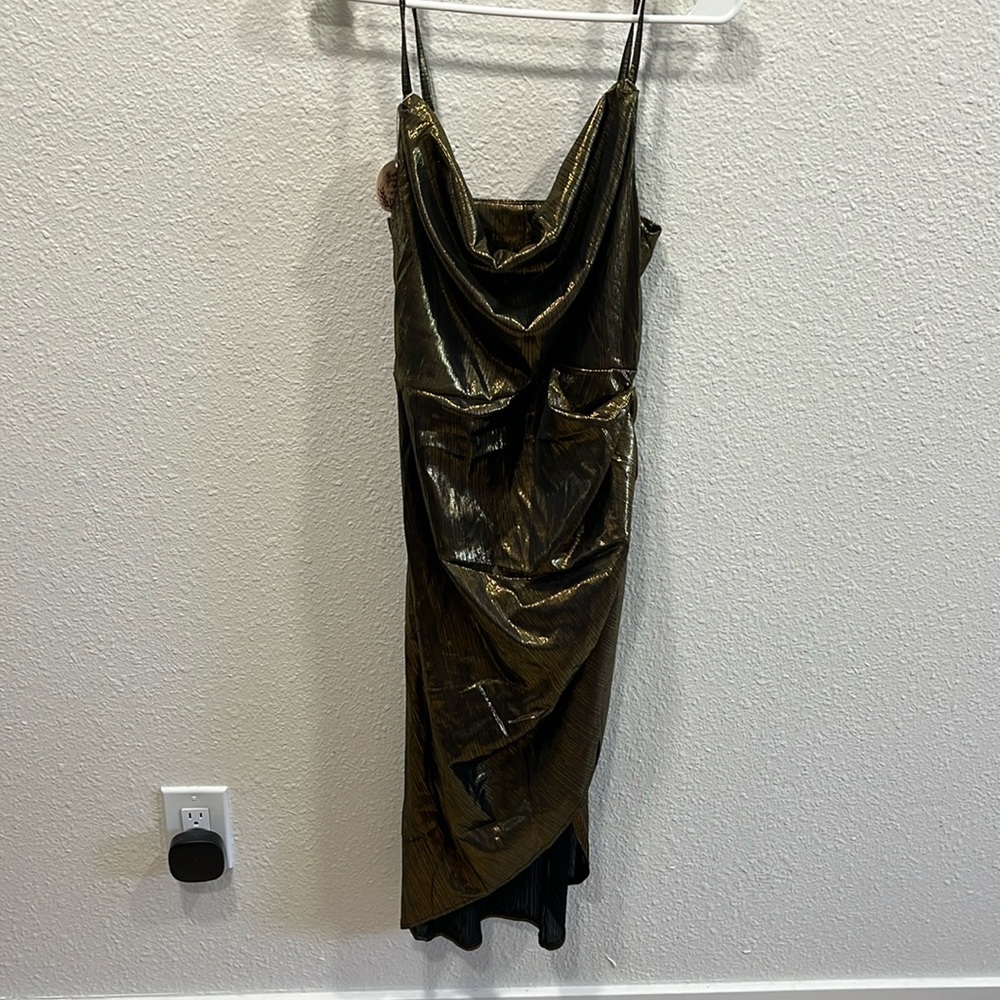 Gold Cowl Neck Dress with Ruched Skirt